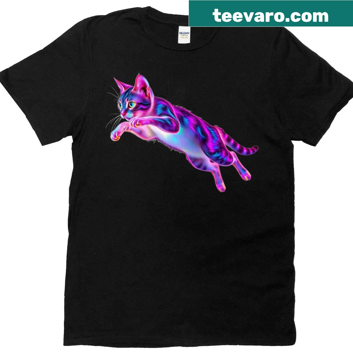 Cartoon cat flying through the air on a playful T-shirt — on a men's t-shirt