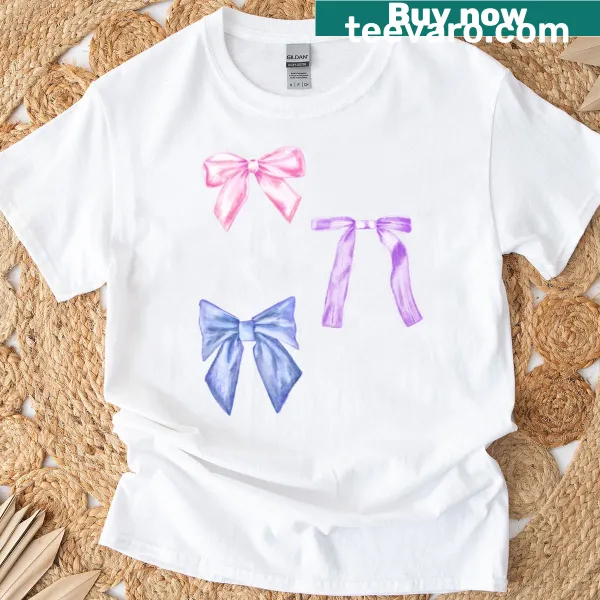 Illustrated T-shirt featuring a whimsical pattern of colorful bows