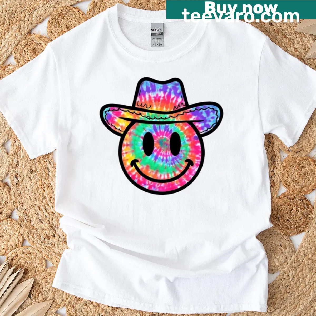 Smiley face t-shirt featuring a colorful hat design — on a men's t-shirt