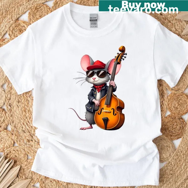Cartoon t-shirt featuring a bass mouse with a guitar