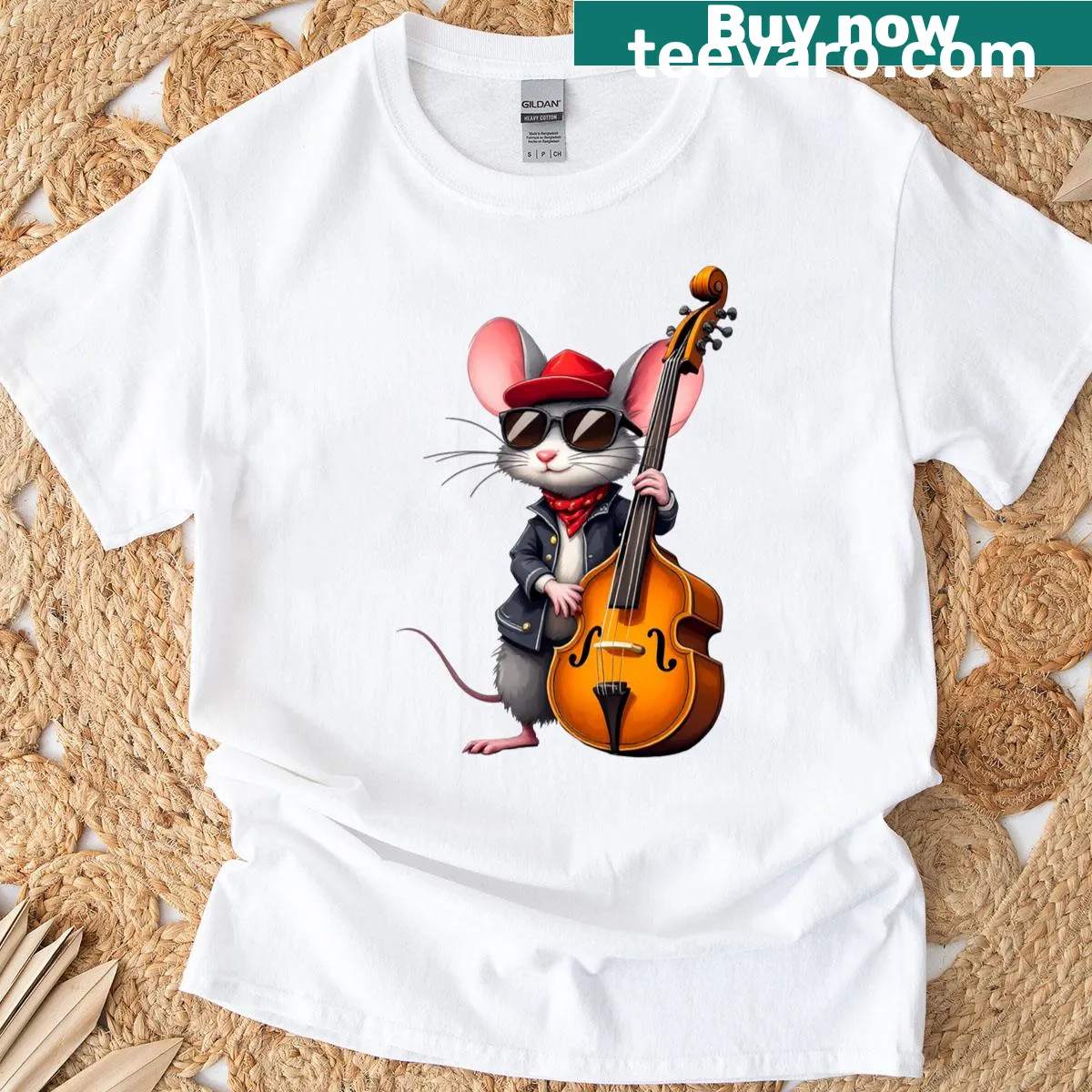 Cartoon t-shirt featuring a bass mouse with a guitar — on a men's t-shirt
