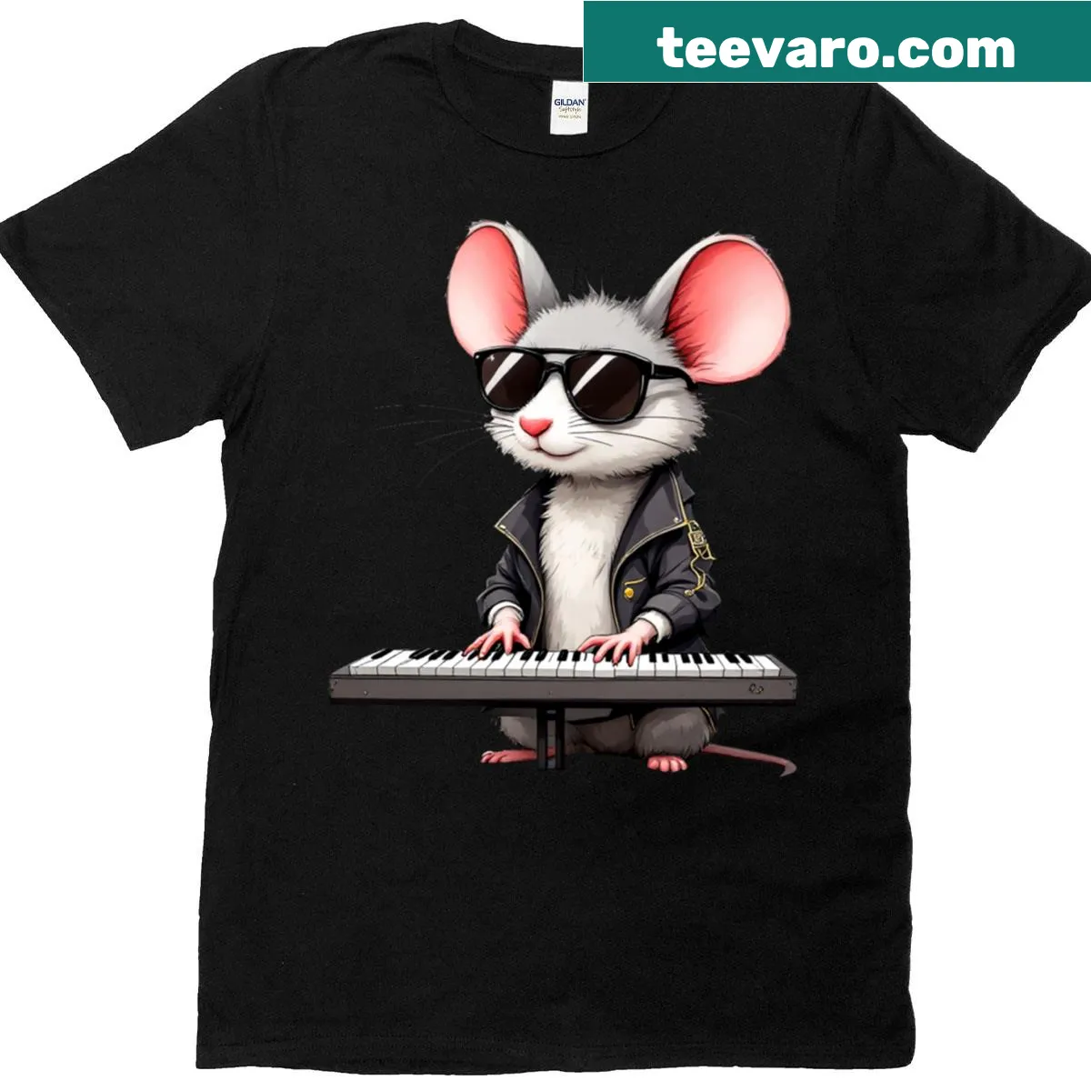 Cartoon mouse playing keyboard with sunglasses, fun music-themed tee — on a men's t-shirt