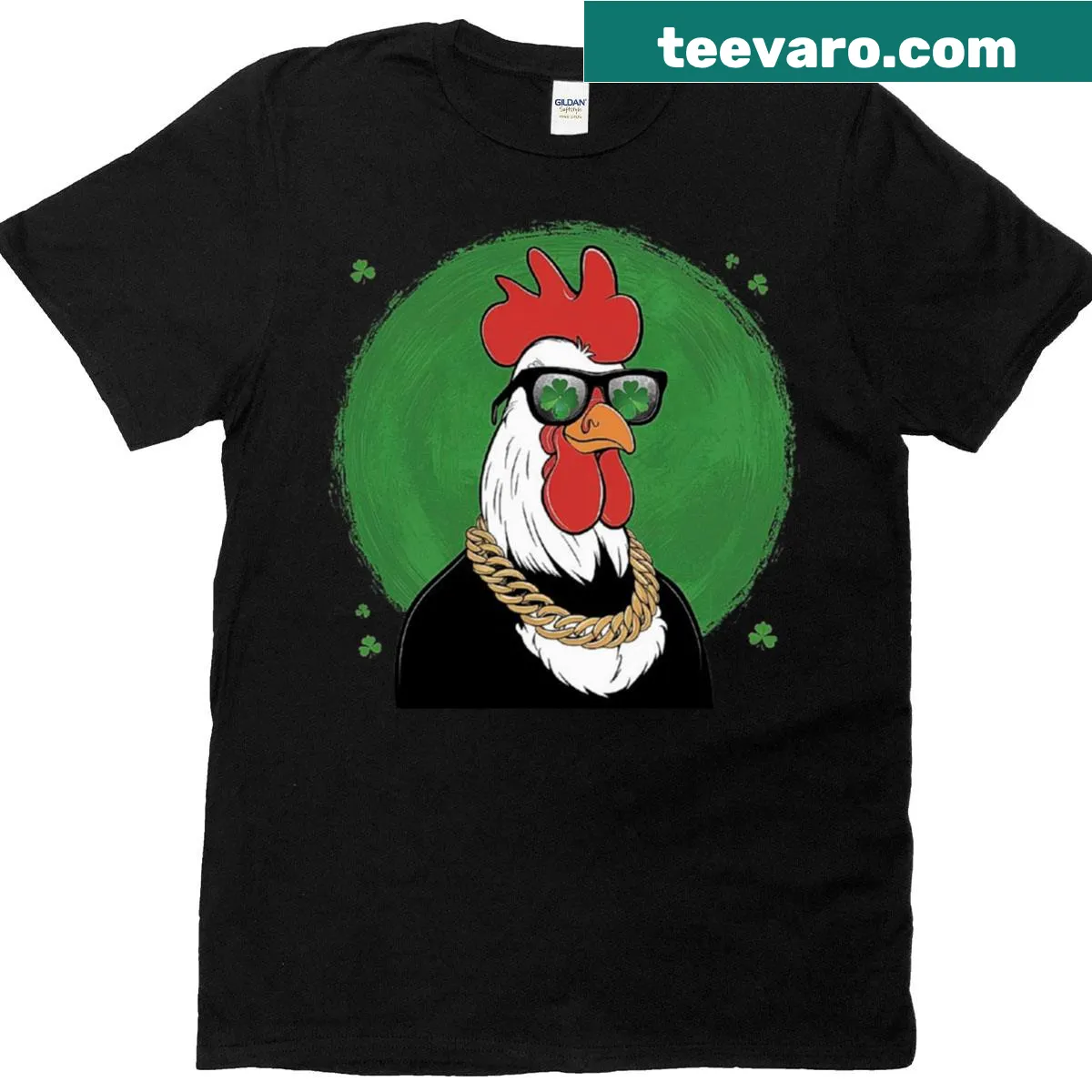 Cartoon t-shirt featuring a lucky rooster with shamrock sunglasses — on a men's t-shirt