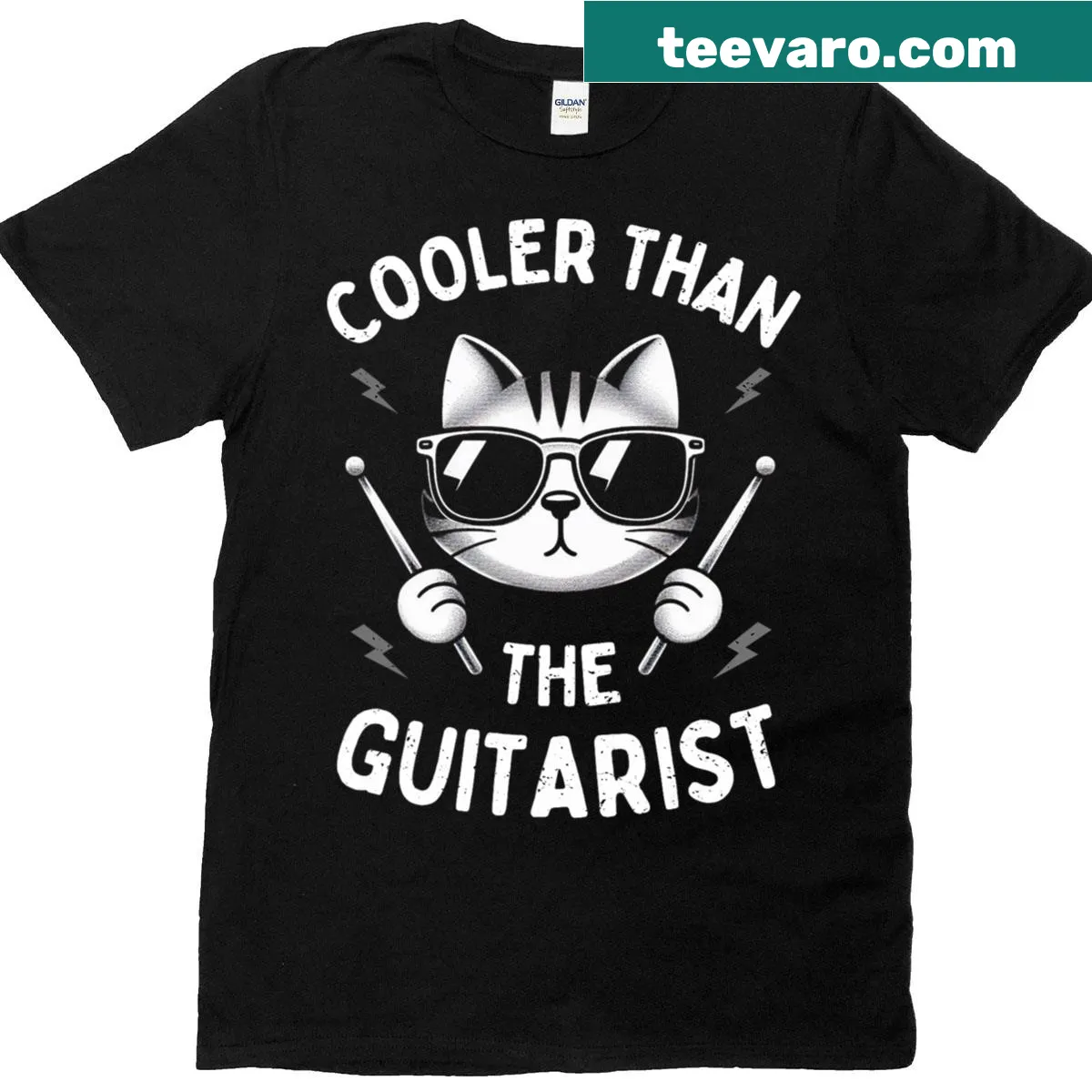 Funny t-shirt proclaiming drummers are cooler than guitarists in bold text — on a men's t-shirt