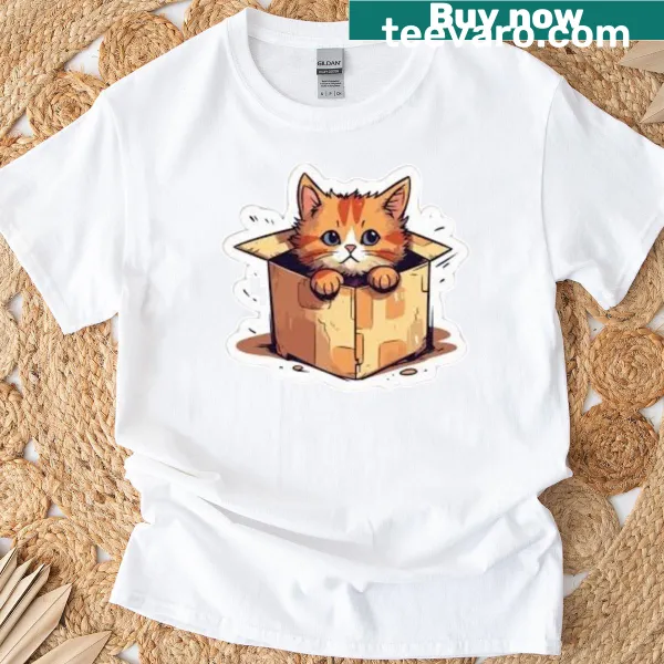 Adorable T-shirt featuring a cat in a cardboard box illustration