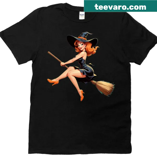 Vintage pin-up witch flying on a broom design on T-shirt.