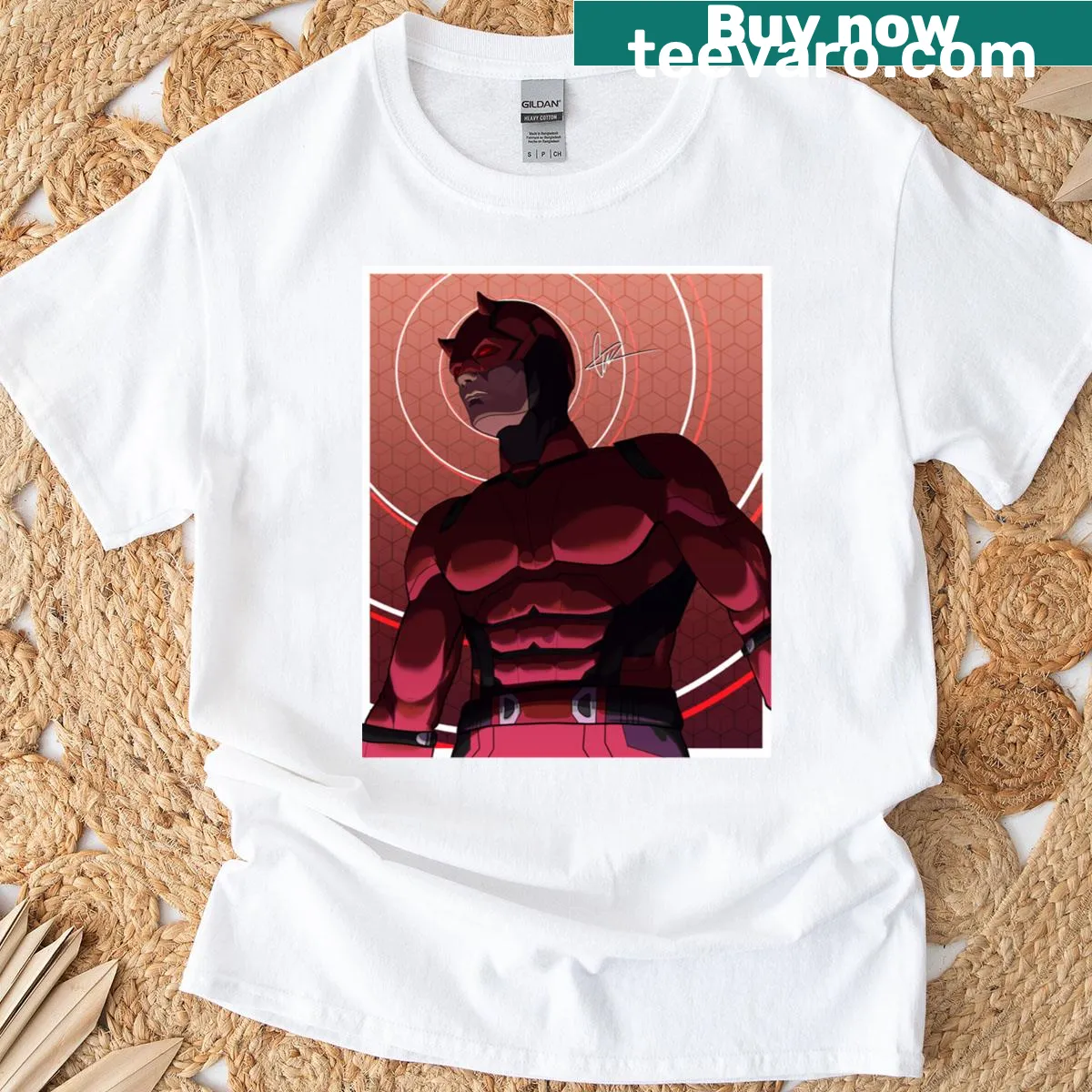 Daredevil character graphic design on T-shirt, showcasing bold style. — on a men's t-shirt