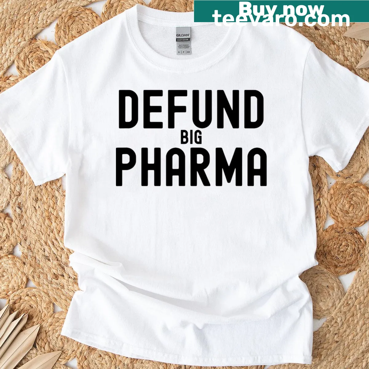 Bold statement design about defunding big pharma on T-shirt. — on a men's t-shirt