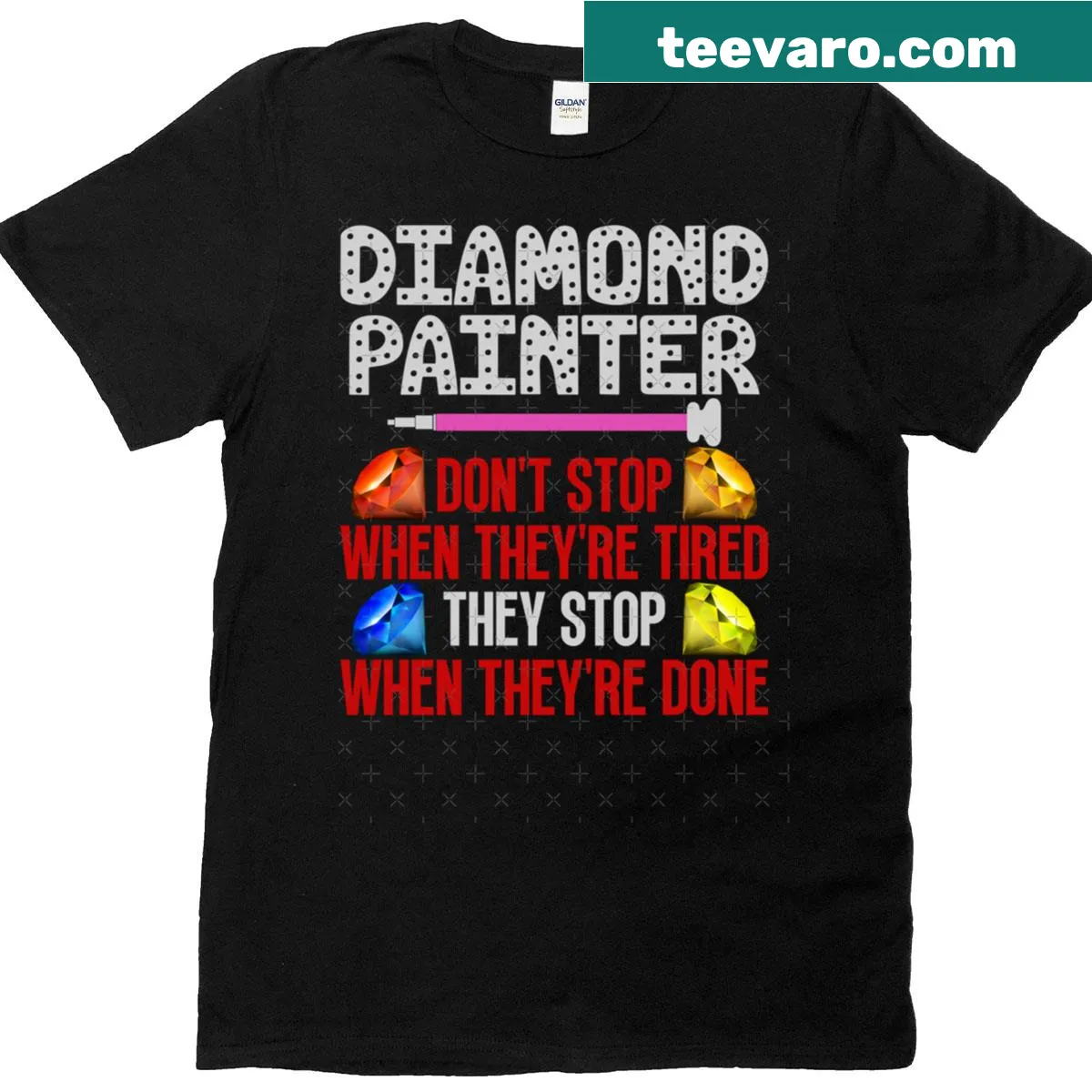 Funny diamond painting shirt with motivational text for crafters — on a men's t-shirt