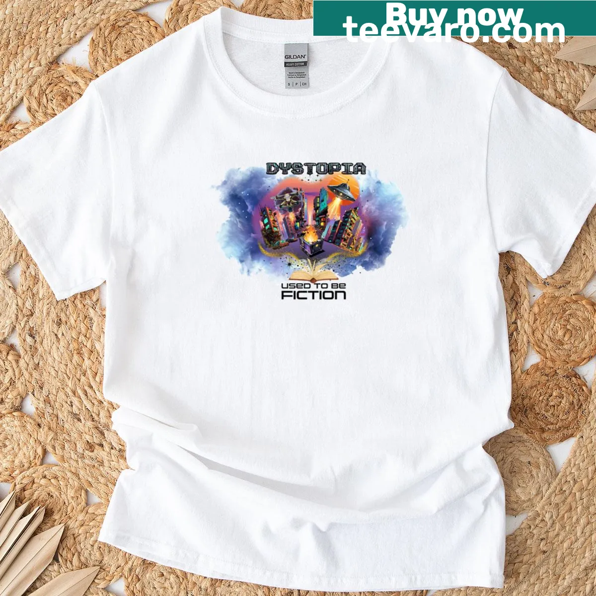 Dystopian statement t-shirt with bold typography. — on a men's t-shirt
