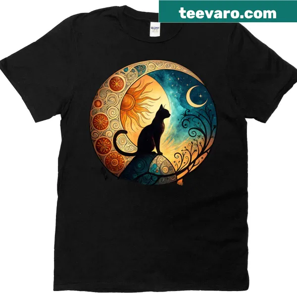 Illustrated cat t-shirt featuring an eclipse with moon and sun.