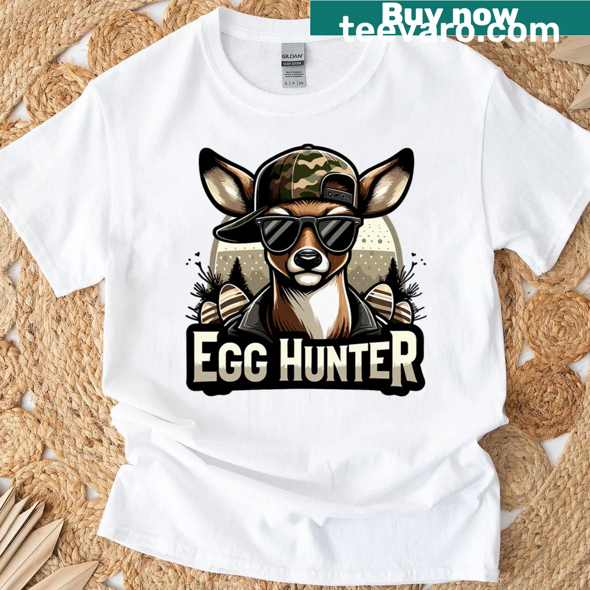 Cartoon t-shirt featuring a deer buck for Easter egg hunting. — on a men's t-shirt