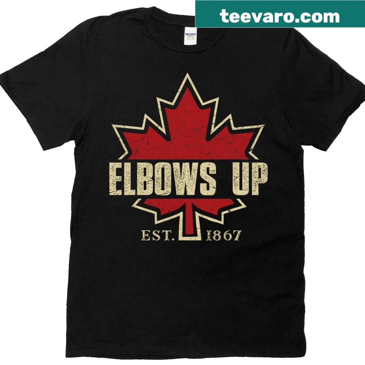 Patriotic t-shirt with 'Elbows Up Canada 1867' badge design. — on a men's t-shirt