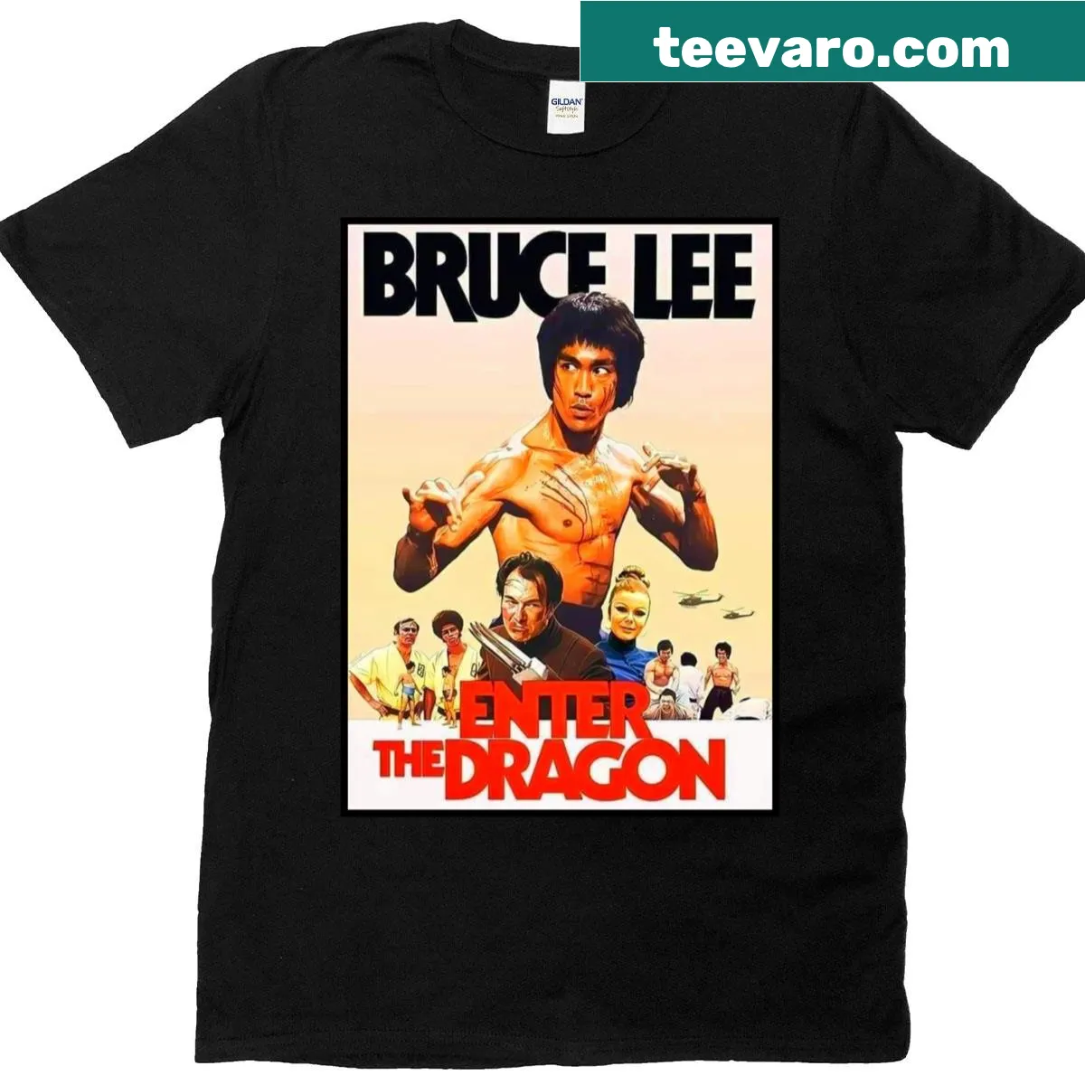 Bruce Lee martial arts movie poster t-shirt with action illustration — on a men's t-shirt