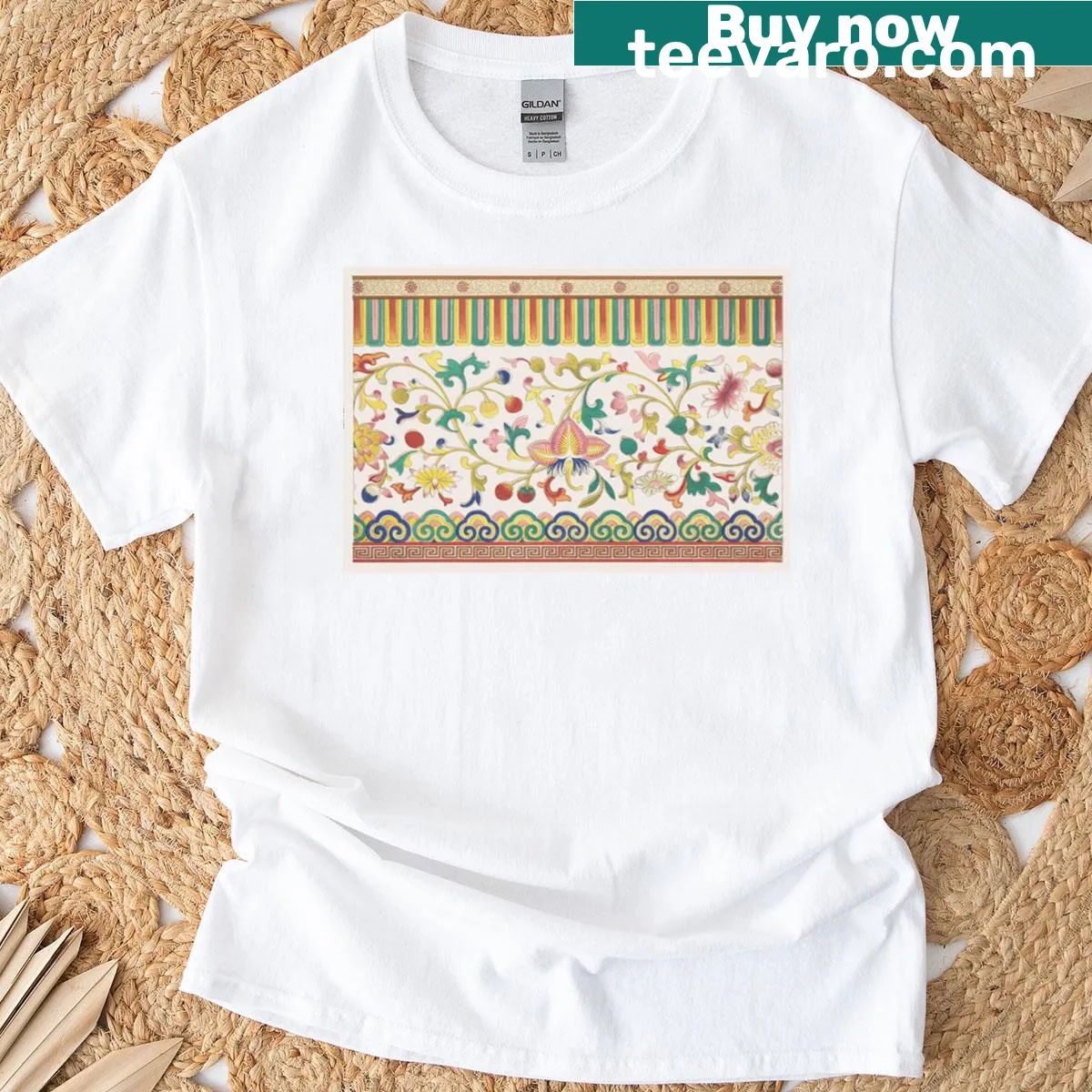 Vintage distressed graphic showcasing Chinese ornament patterns — on a men's t-shirt