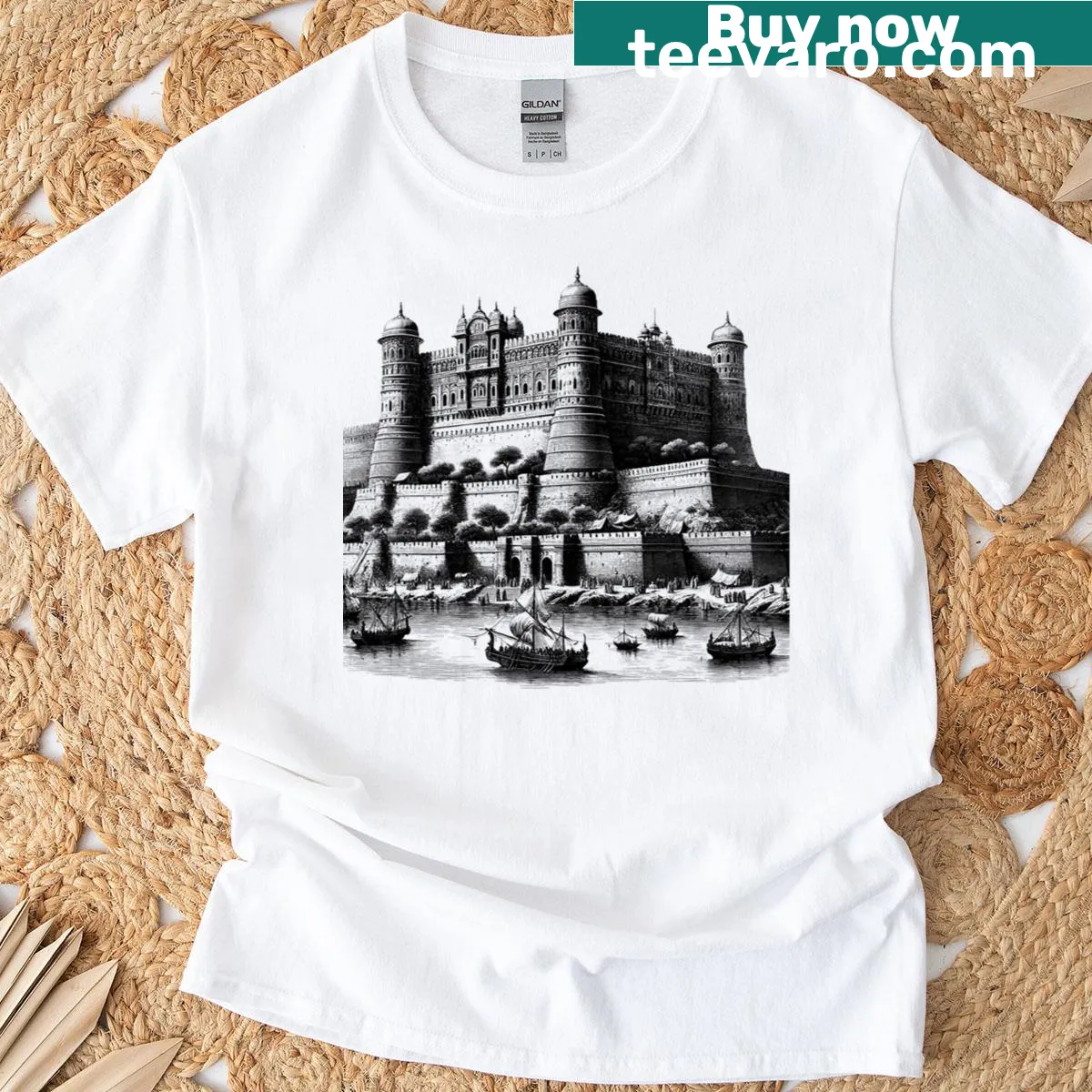 Artistic illustration of bastion forts showcasing architectural details — on a men's t-shirt