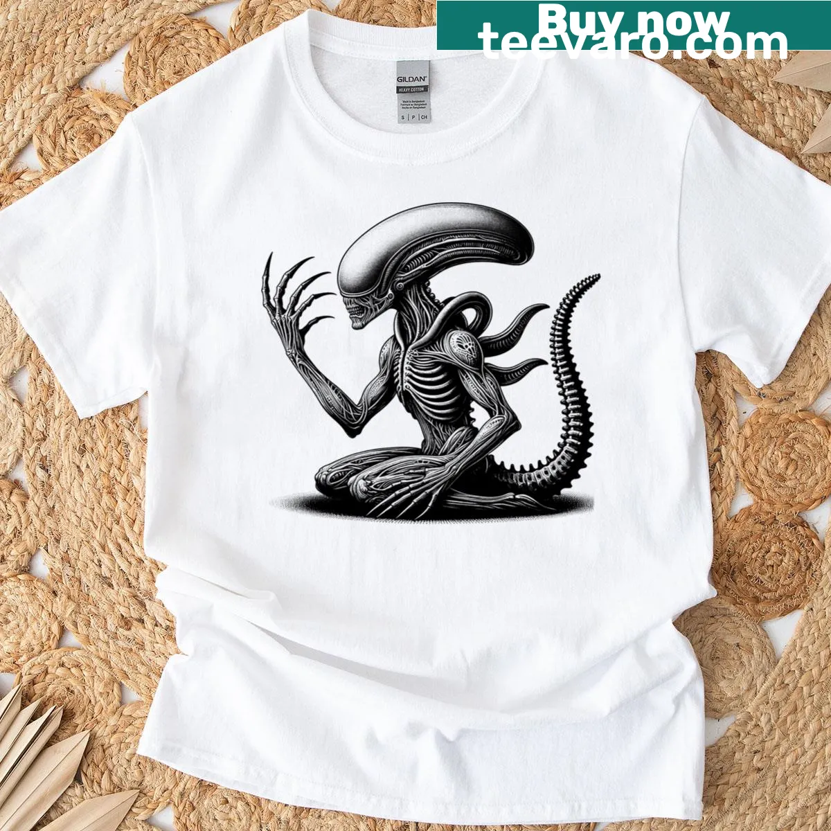 Striking alien design on Exploring The Cosmos T-shirt — on a men's t-shirt