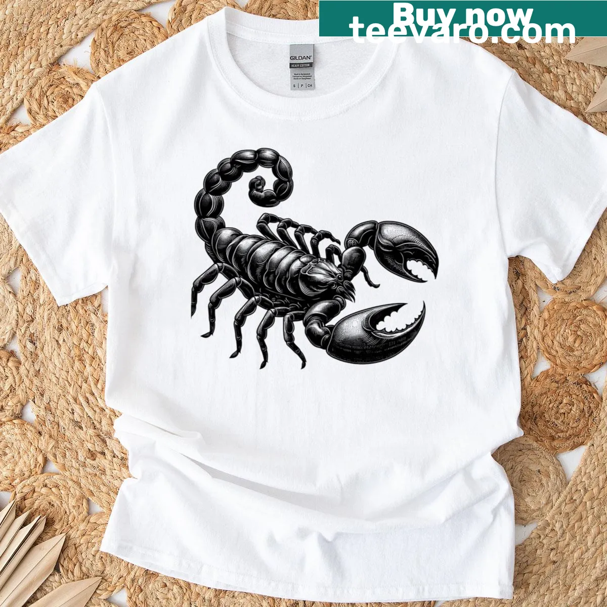 T-shirt featuring a detailed illustration of a scorpion — on a men's t-shirt