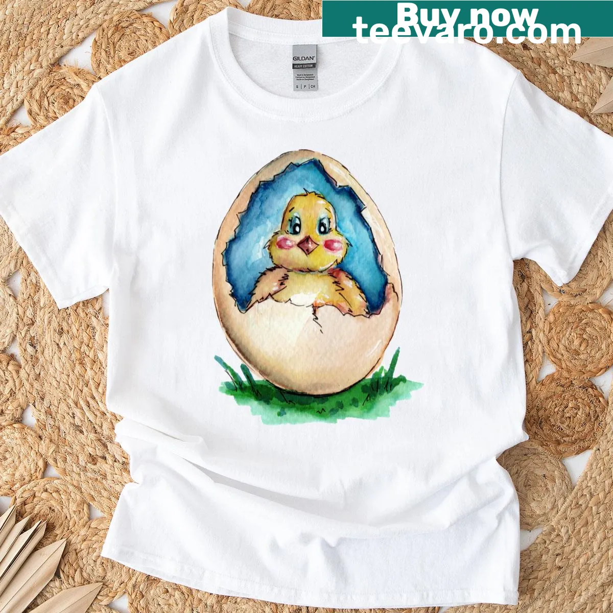 Cute Easter Chicken in an Egg T-shirt with watercolor design — on a men's t-shirt