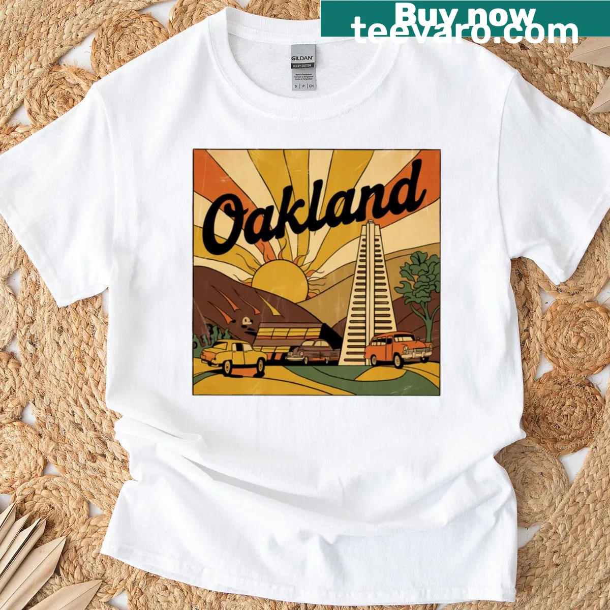 Illustrative t-shirt celebrating Oakland, California, with local landmarks. — on a men's t-shirt