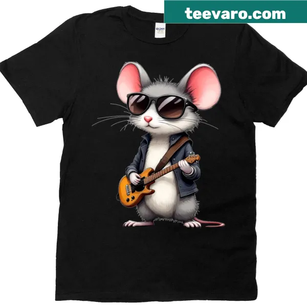 Cartoon mouse playing guitar in a fun graphic tee