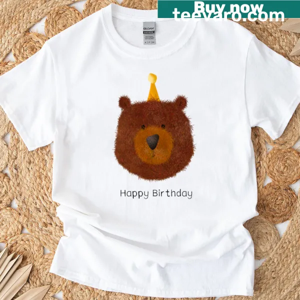Cute bear in a party hat on a birthday t-shirt for kids.
