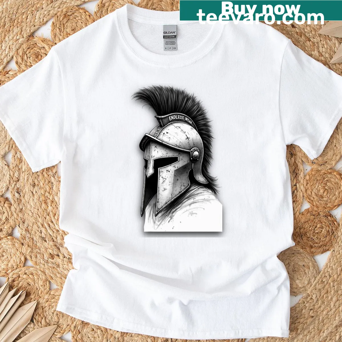 Bold helm graphic representing strength on a t-shirt — on a men's t-shirt