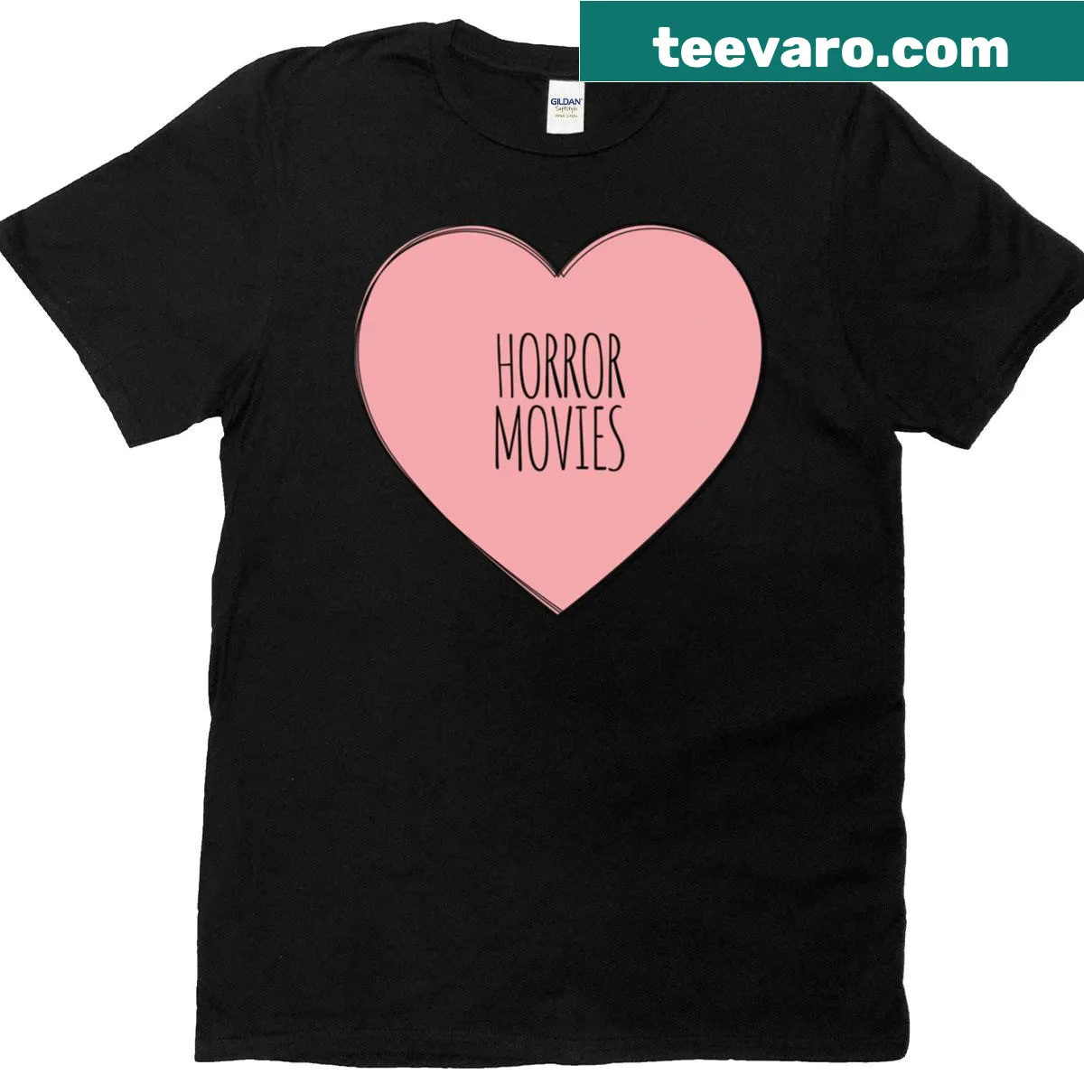 Horror movies themed T-shirt featuring a heart graphic and text. — on a men's t-shirt
