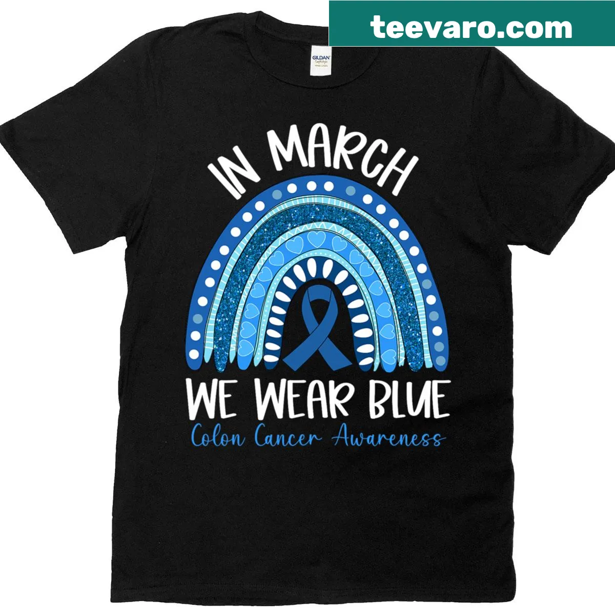 T-shirt featuring the phrase 'In March We Wear Blue Ribbon' promoting colon cancer awareness — on a men's t-shirt