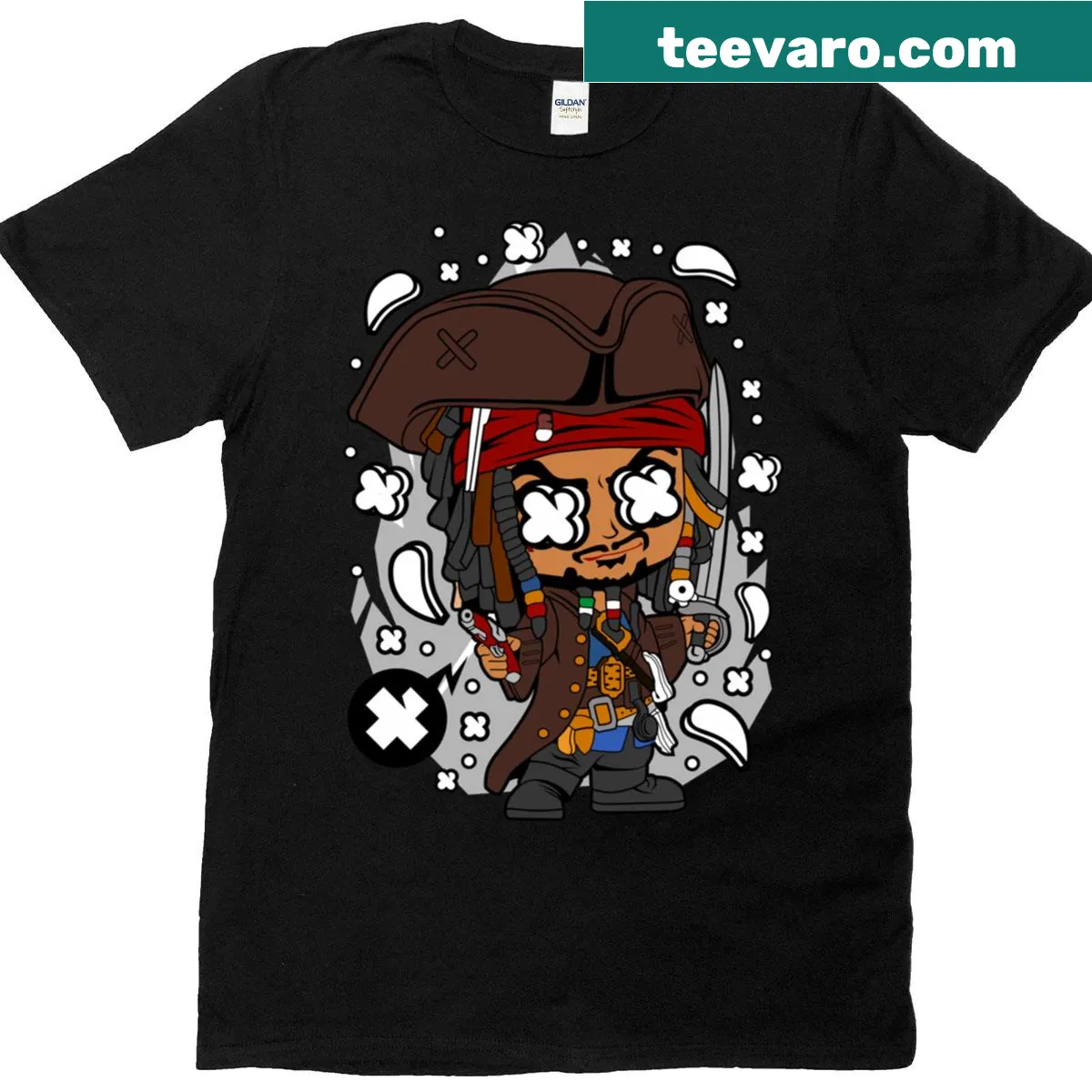 Chibi Jack Sparrow t-shirt from Superheroes Series in cute cartoon style — on a men's t-shirt