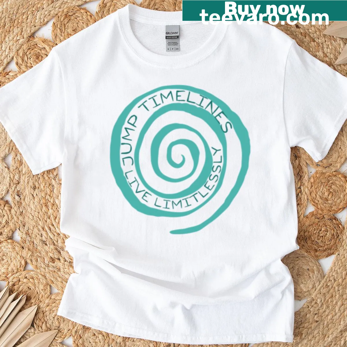 Inspirational 'Jump Timelines Live Limitlessly' shirt for adventurers — on a men's t-shirt