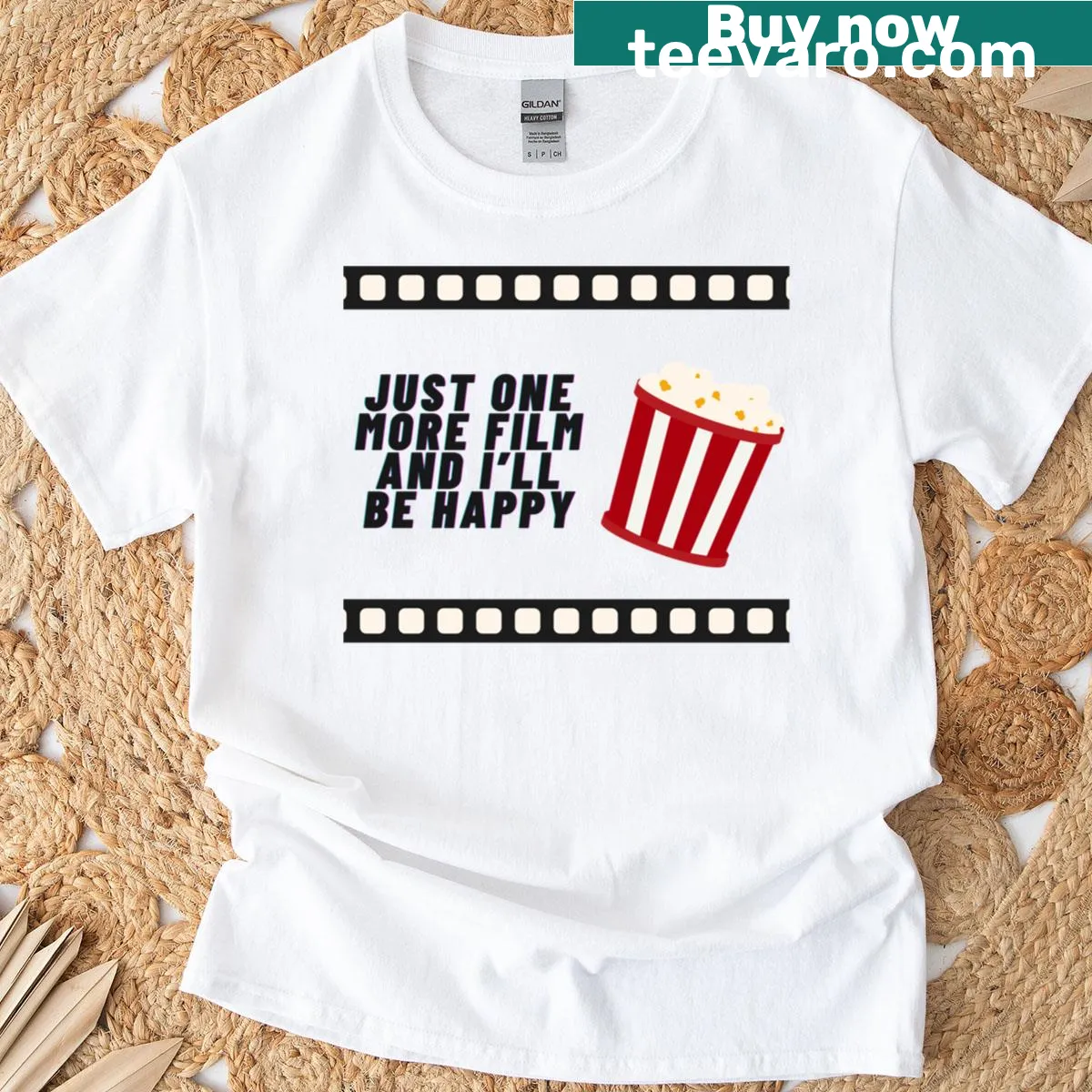 Funny T-shirt for movie lovers with 'Just One More Film' text — on a men's t-shirt