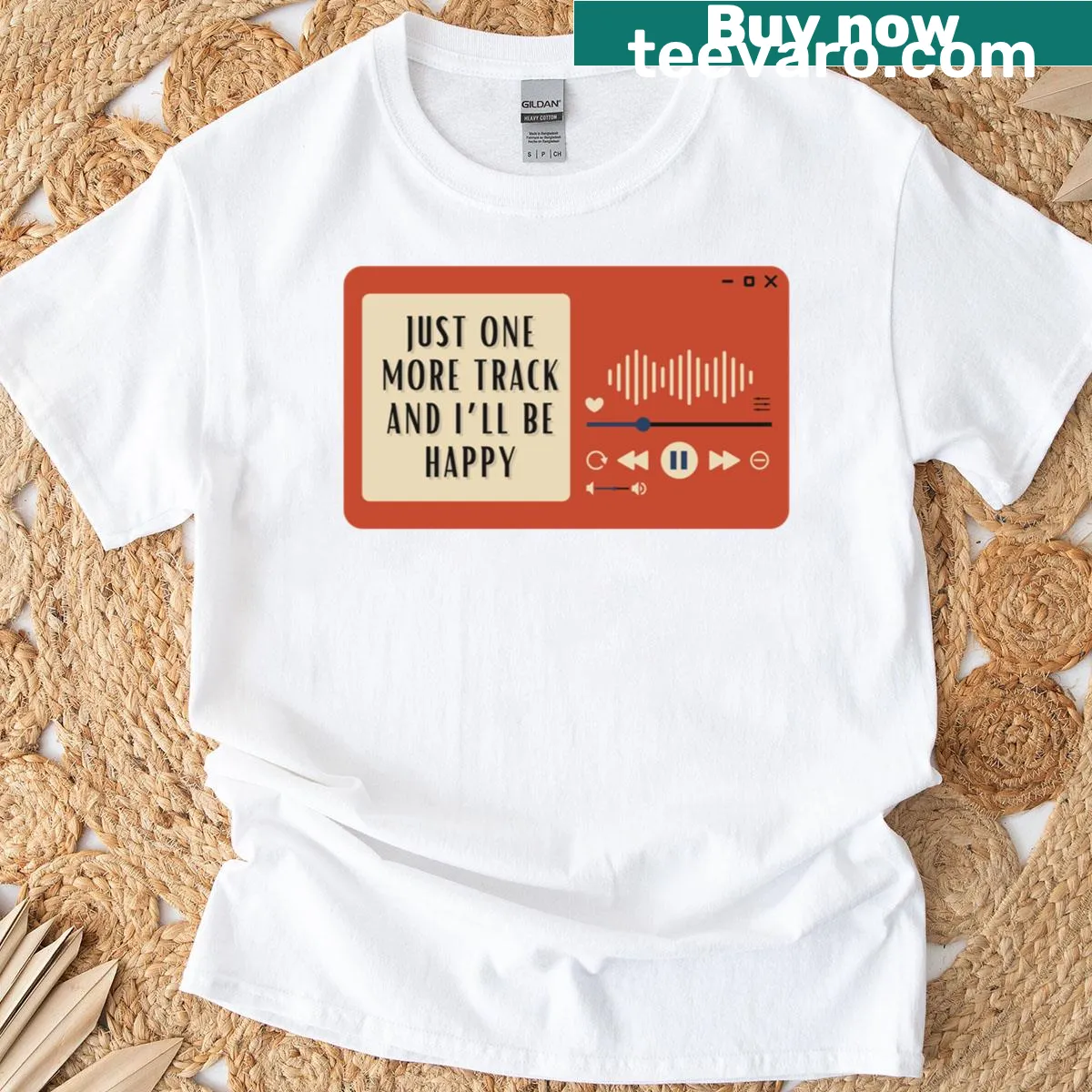 Inspirational T-shirt for audiophiles with 'Just One More Track' text — on a men's t-shirt