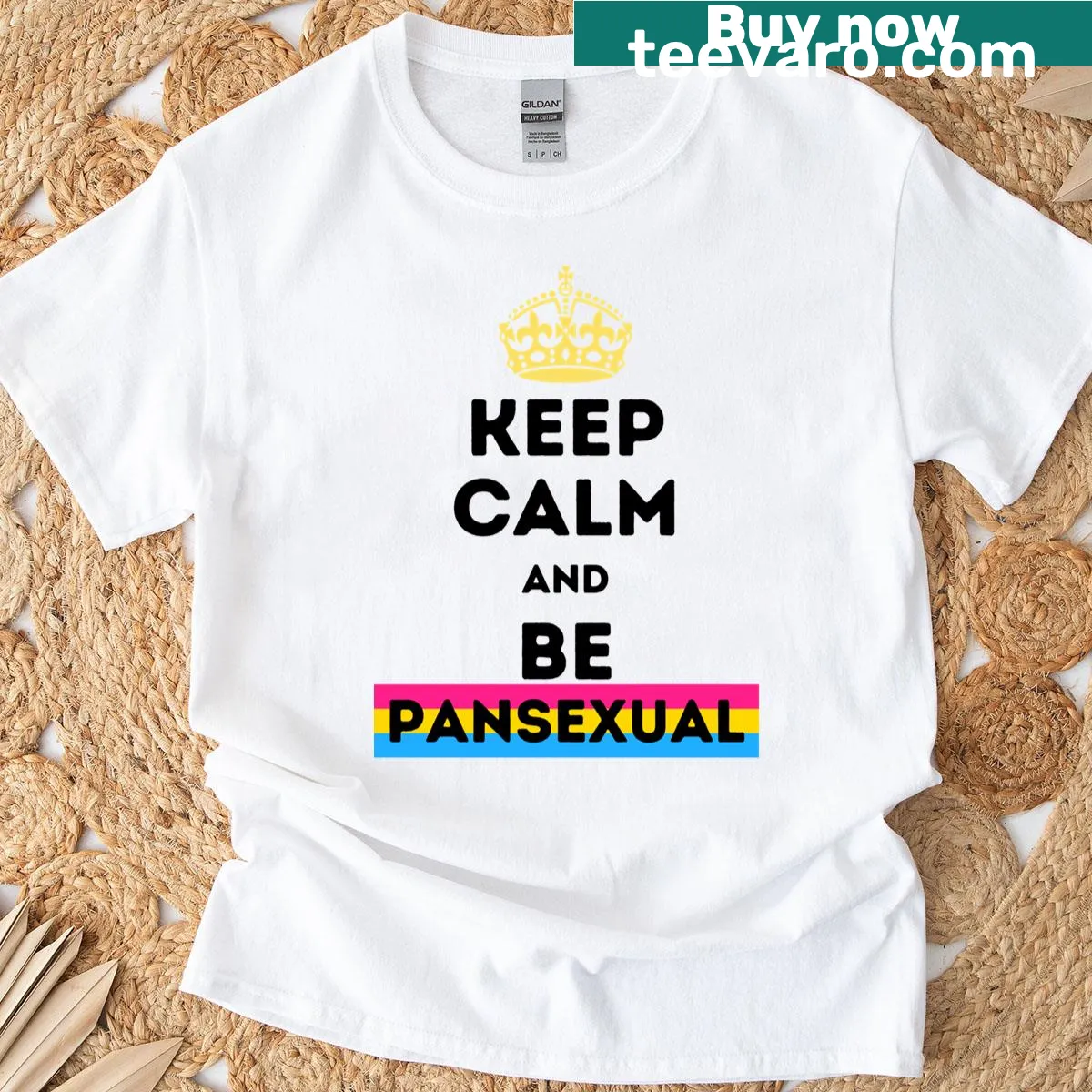 Text-based Keep Calm Be Pansexual T-shirt with bold text design. — on a men's t-shirt