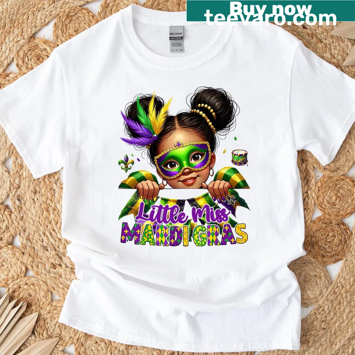 Kids Mardi Gras T-shirt with messy bun graphic and festive text — on a men's t-shirt