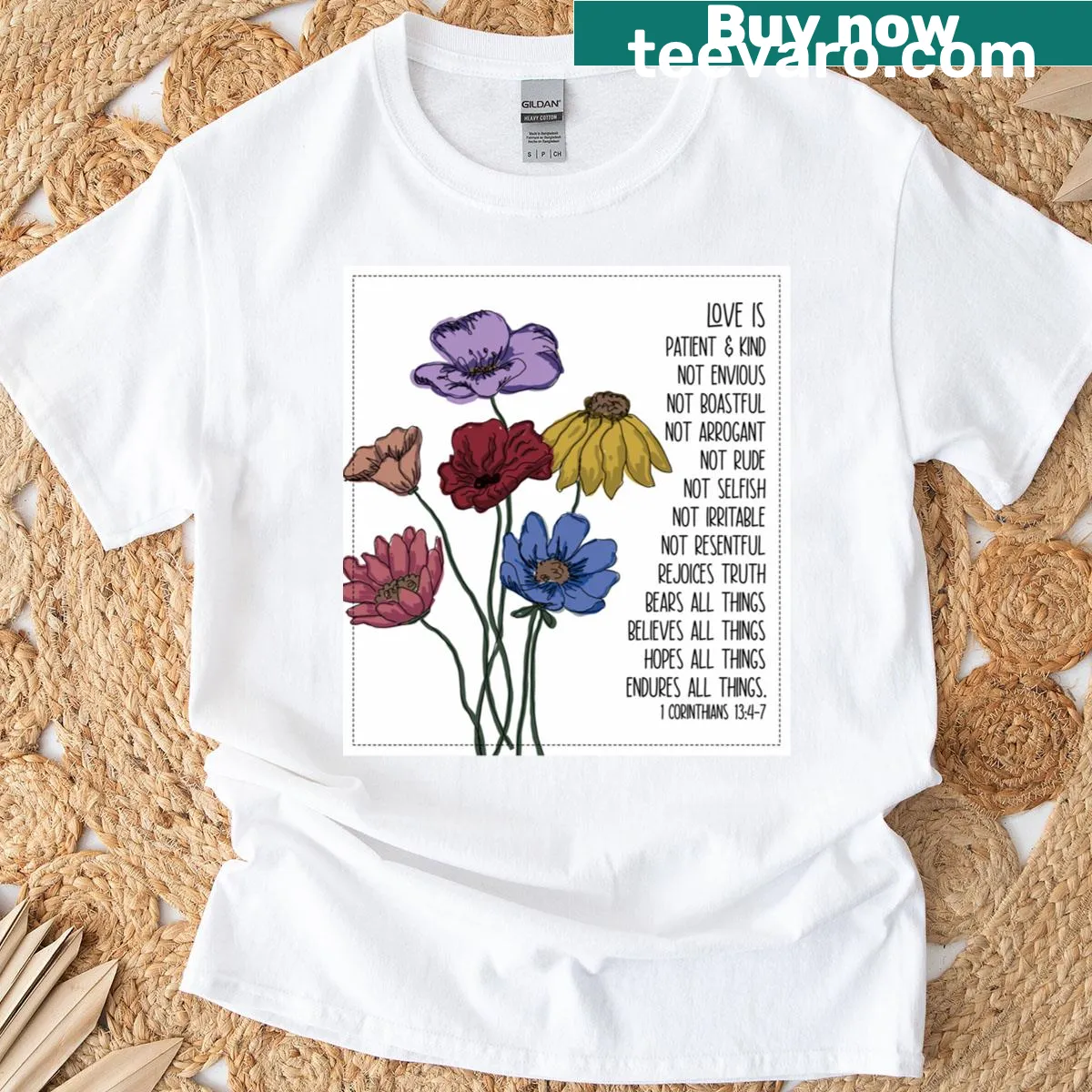 Inspirational T-shirt featuring the scripture 1 Cor 13:4-7 — on a men's t-shirt