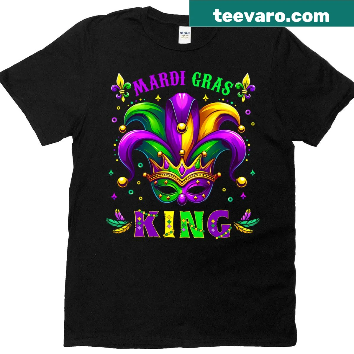 Graphic t-shirt featuring a whimsical Mardi Gras king design — on a men's t-shirt