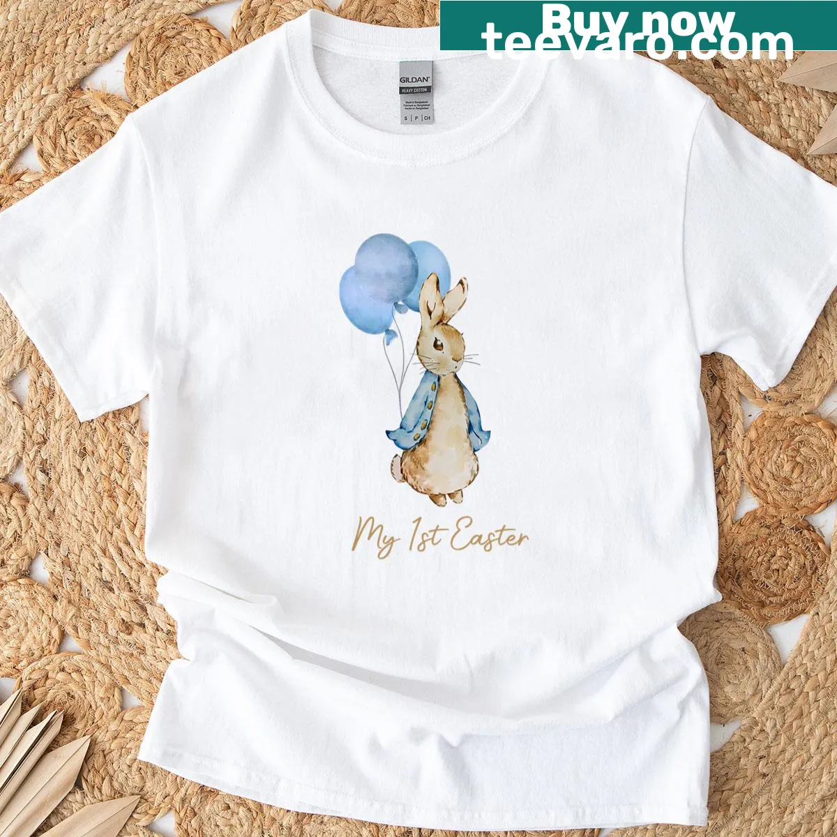 Cute Easter bunny holding blue balloons on a kids' t-shirt — on a men's t-shirt