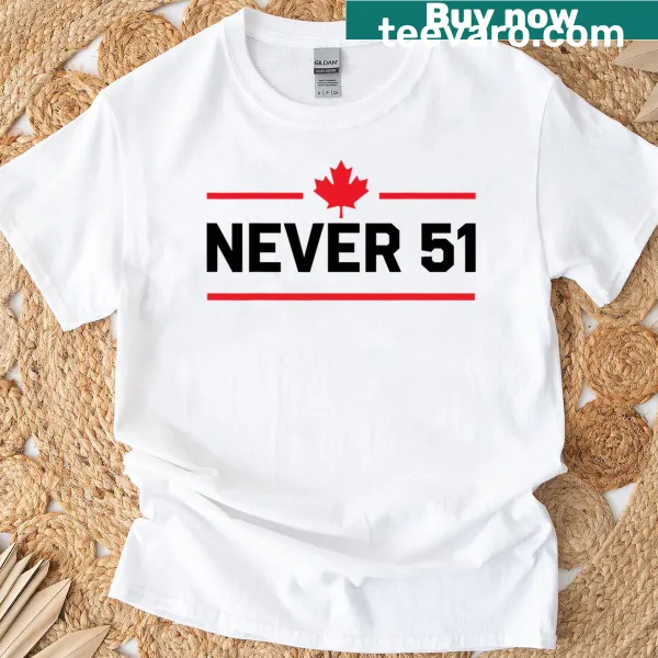 Canada flag graphic with 'Never 51st State' text