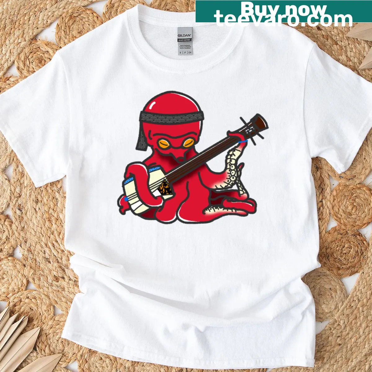 T-shirt featuring an octopus and shamisen design — on a men's t-shirt
