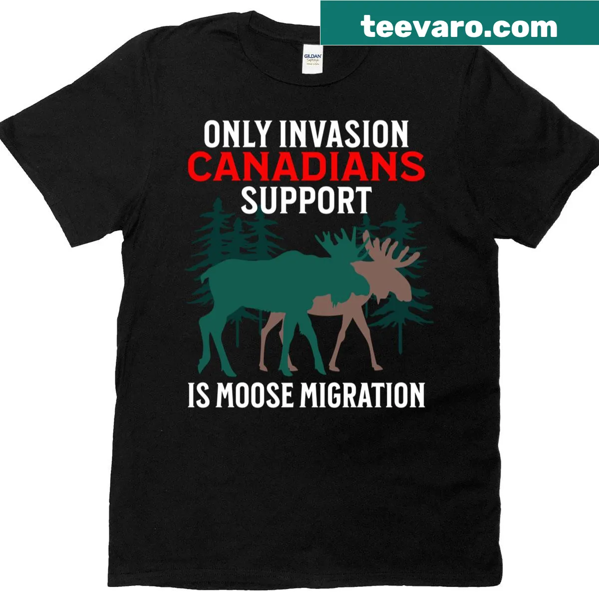 Playful moose migration t-shirt celebrating Canadian wildlife — on a men's t-shirt