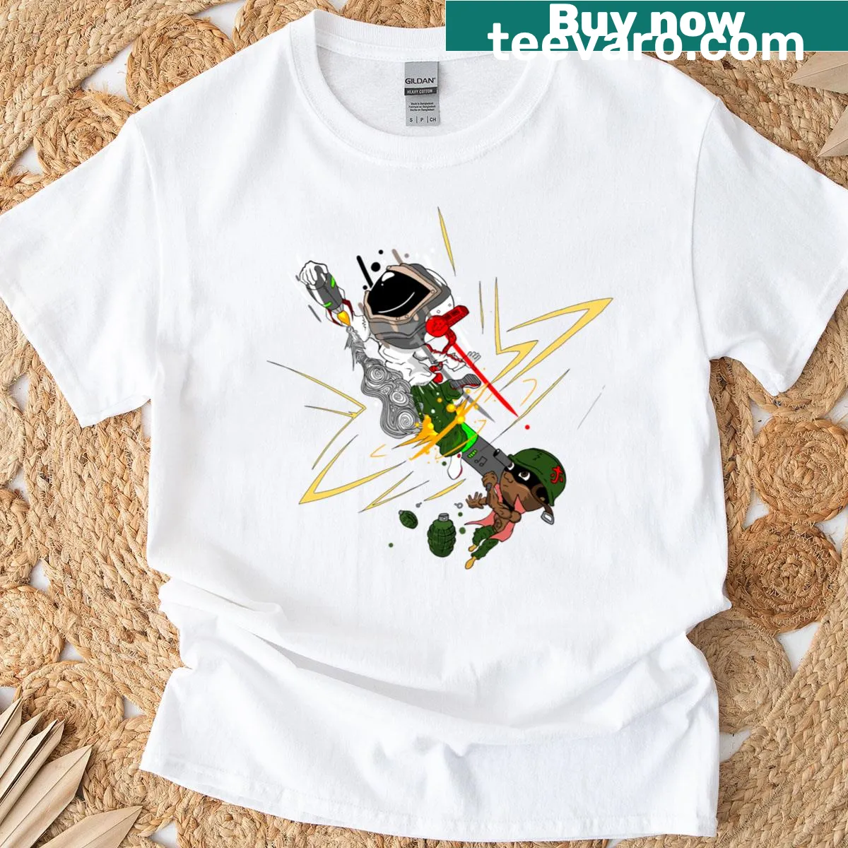 T-shirt featuring whimsical onomatopoeia words in playful typography — on a men's t-shirt