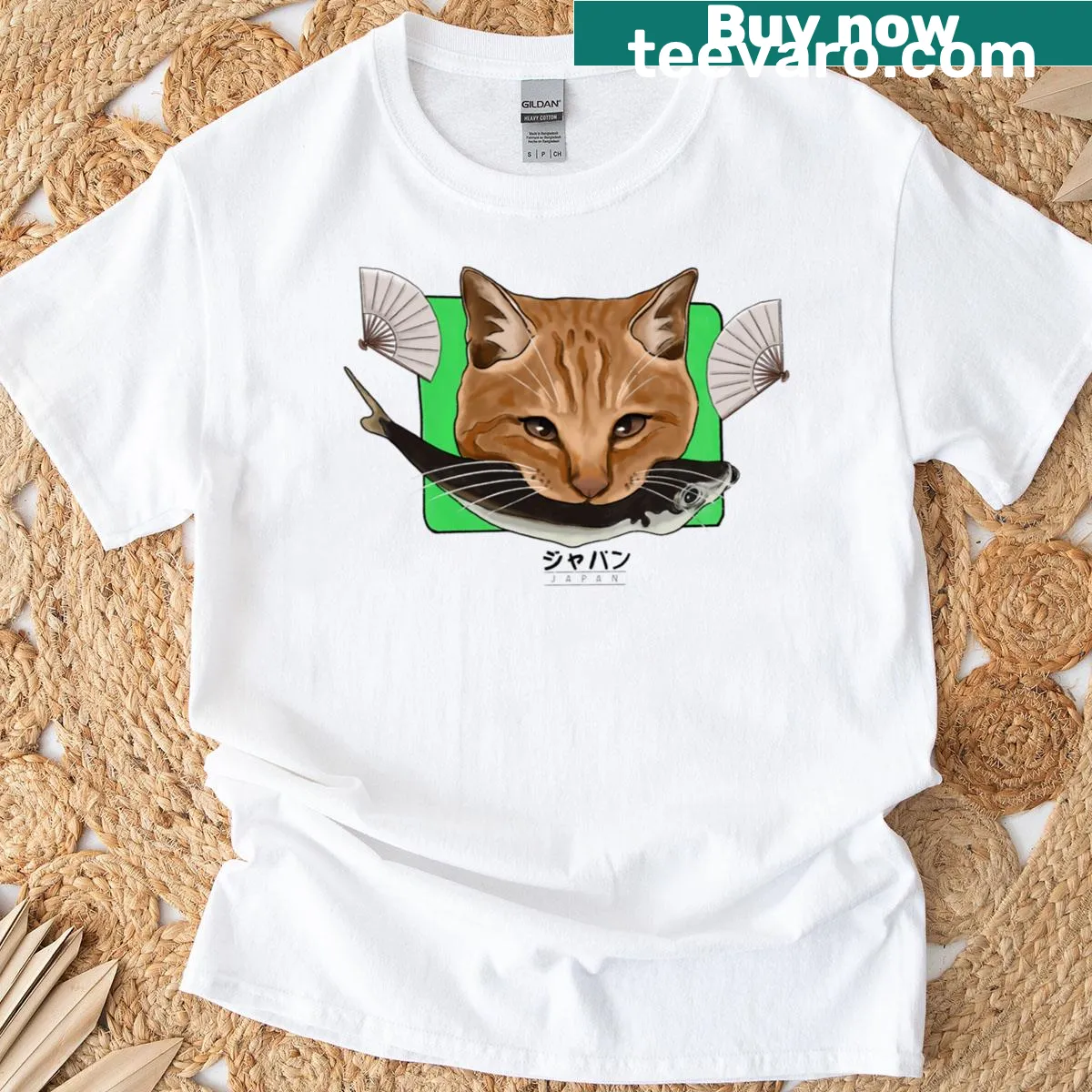 Illustration of a kitten stealing a fish, inspired by a photo — on a men's t-shirt