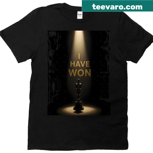 T-shirt featuring an illustrated Oscar trophy design with text