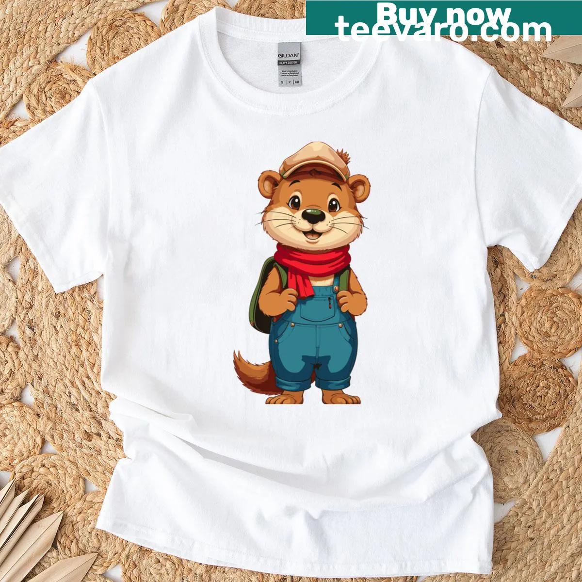 Cute illustration of an otter in overalls, scarf, and cap — on a men's t-shirt