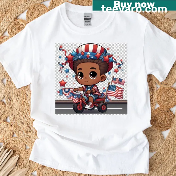 Illustration of a patriotic boy riding a bike on a T-shirt