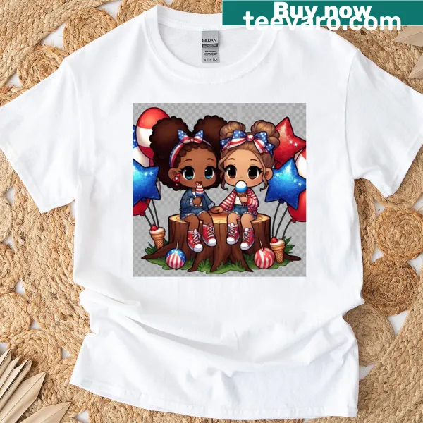 Illustration of girls eating ice cream in patriotic colors on a t-shirt