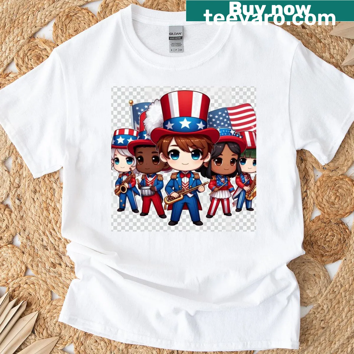 T-shirt featuring an illustration of a patriotic marching band — on a men's t-shirt