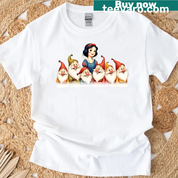 Whimsical t-shirt featuring a princess with dwarfs in a cartoon style