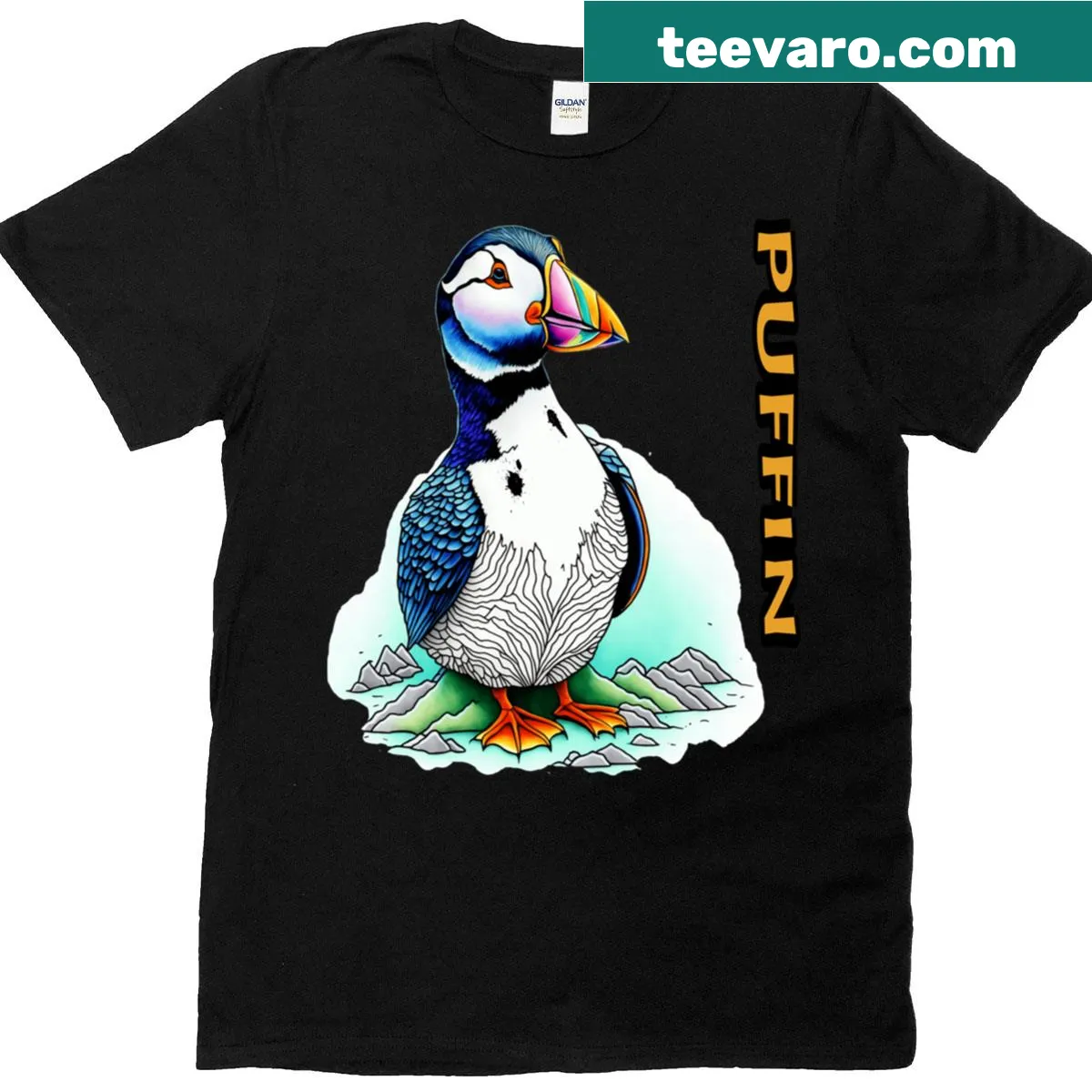 T-shirt featuring a puffin graphic — on a men's t-shirt